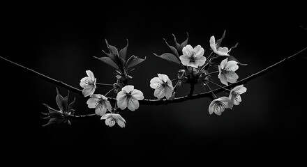 Fototapeta premium A delicate branch of cherry blossoms in full bloom, presented in a dramatic black and white.