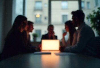 Generative AI: Collaborative meeting with teamwork, brainstorming ideas and a bright laptop light