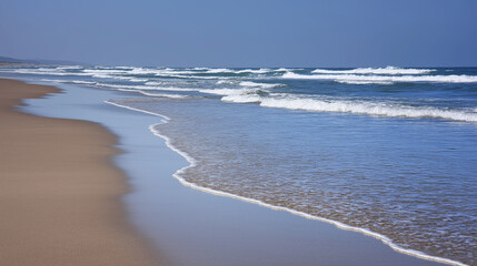 A serene beach scene with gentle waves and an empty shoreline, evoking tranquility.