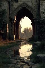 Fototapeta premium Sunlit archway in ruined stone structure, reflecting in water