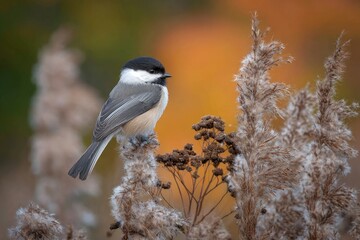 Naklejka premium Close-up of a black-capped chickadee perched on dried seed heads.