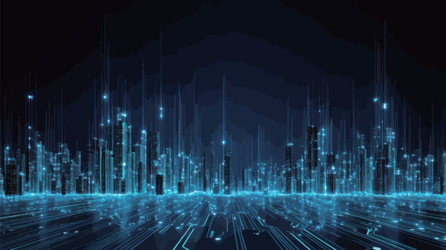 A city skyline is shown in blue with a lot of lights. The city appears to be futuristic and technologically advanced