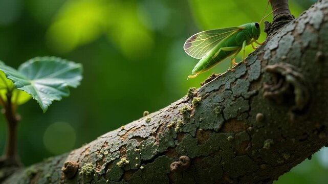 Incredible 4K footage captures a slow pan down from a branch to a tiny leafhopper as it springs between vibrant green plants, showcasing nature's delicate movements and beauty.