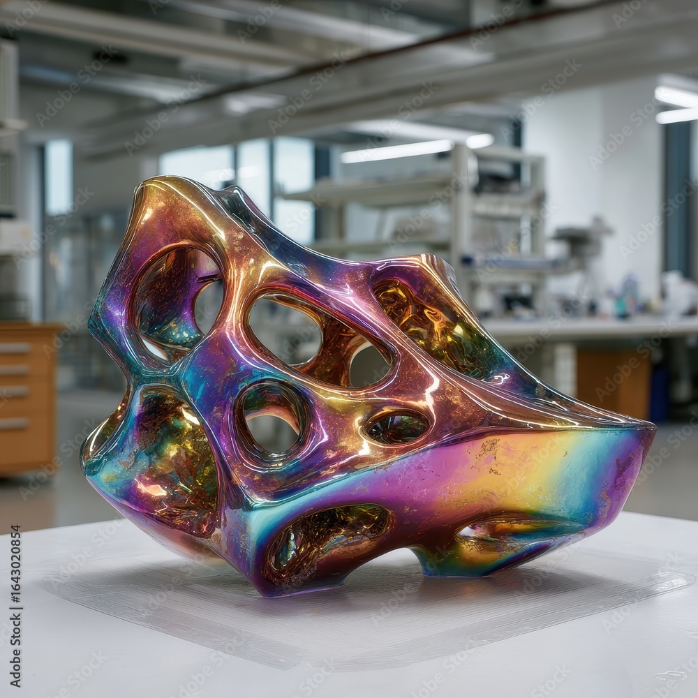 Poster iridescent abstract sculpture lab table display - research/design inspiration use