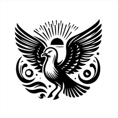 Obraz premium Stylized black eagle with wings spread and sunburst