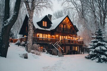 Cozy log cabin in snowy winter woods