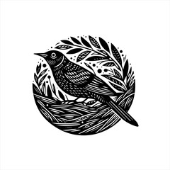 Black and white linocut style illustration of a bird in a nest with leaves