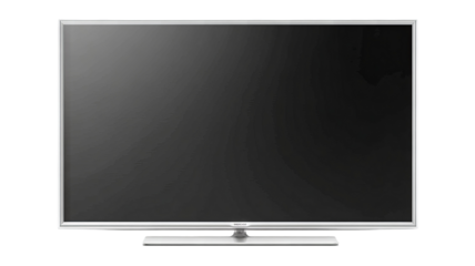 Realistic LED TV screen isolated PNG on transparent background — high-resolution modern smart television display, front view with slim black bezel, clean studio cutout for product mockups, UI previews