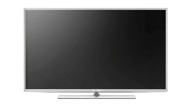 Realistic LED TV screen isolated PNG on transparent background — high-resolution modern smart television display, front view with slim black bezel, clean studio cutout for product mockups, UI previews
