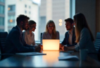Generative AI depicts a collaborative business meeting around a glowing laptop in an office setting