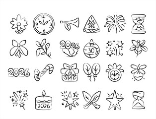 Elegant New Year 2026 Holiday Outline Icons – Decorative Doodle for Packaging, Gift Tags, and Event Posters