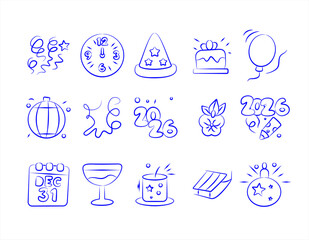 New Year 2026 Celebration Outline Icons – Hand-Drawn Doodle Style for Greeting Cards, Social Media, and Party Invitations