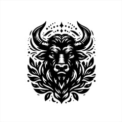 Fototapeta premium Stylized black and white bull head emblem with floral accents