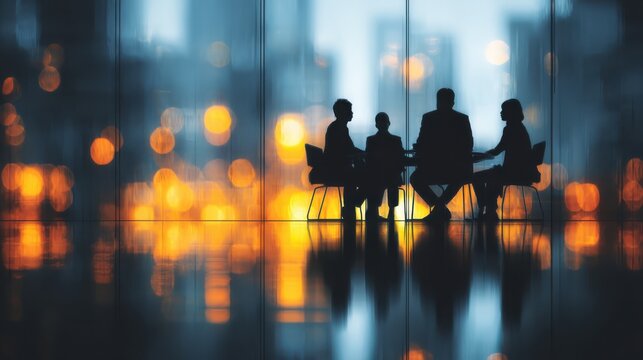 Silhouettes of business people in a meeting against a city skyline with warm bokeh lights, creating a professional and modern atmosphere.