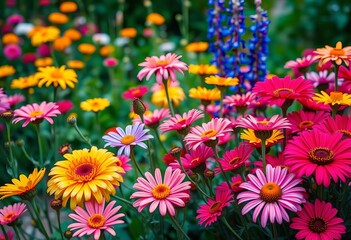 Fototapeta premium Colorful flowers in a garden, counting petals and stems, activity, colorful