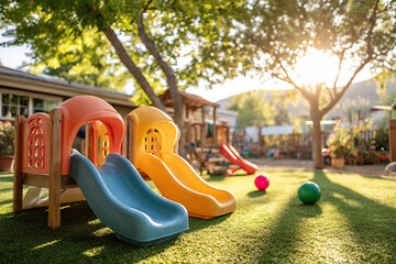 Bright playground with colorful slides under the warm sun at a daycare center in the afternoon