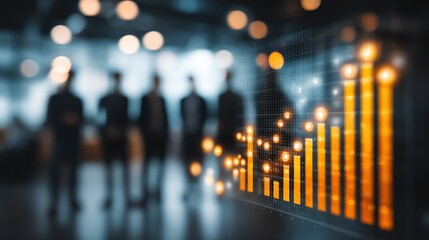 Fototapeta premium A blurred background shows silhouettes of people, while a digital bar graph displays data trends in bright colors, emphasizing a business or financial theme.
