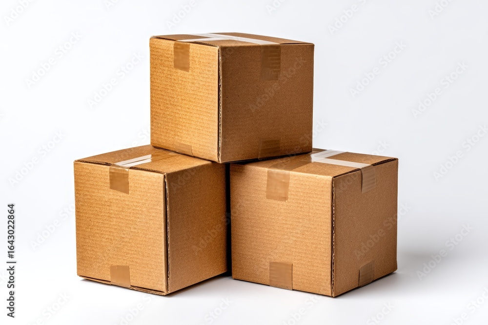 Poster stack of three cardboard boxes on white background