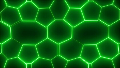Glowing green geometric shapes form a repeating pattern on a black background