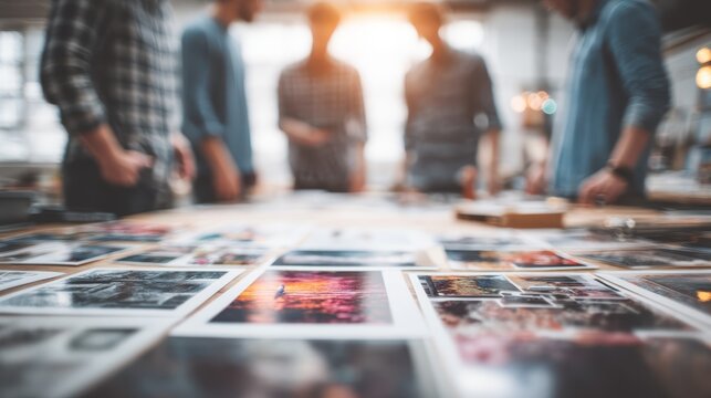 A group of people discusses and reviews photographs laid out on a table, creating a collaborative atmosphere filled with creativity and ideas.