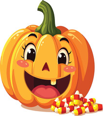 Pumpkin with popcorn movie night cartoon
