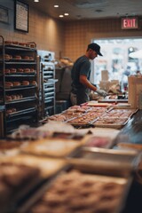 Morning in a donut shop with icing trays ready and smell in the air A baker fills racks with warm pastries and sets up the counter The mood is sweet and calm, Generative AI 