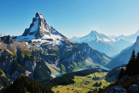 A breathtaking mountain landscape featuring a snowcapped peak, a winding river, and green valleys under a clear blue sky - Powered by Adobe