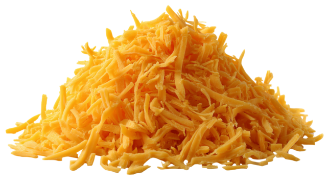 Grated cheddar cheese PNG cutout — high-resolution shredded cheese isolated on transparent background for food packaging mockups, menu design, e-commerce product listings, and recipe graphics