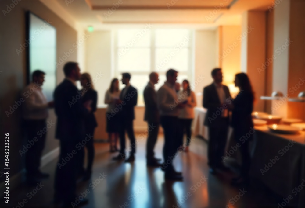 Poster generative ai image depicting a blurred business gathering with individuals conversing in an
