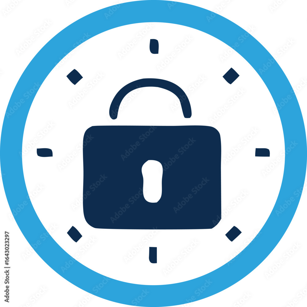 Poster circular icon featuring a dark blue padlock centered within a target symbol representing security an