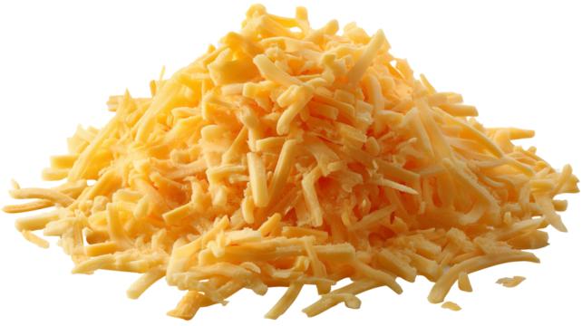 Grated cheddar cheese PNG cutout — high-resolution shredded cheese isolated on transparent background for food packaging mockups, menu design, e-commerce product listings, and recipe graphics