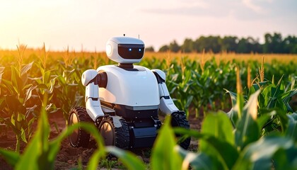 Robot in a cornfield at sunset