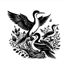 Obraz premium Three cormorants nesting among plants with one bird spreading its wings