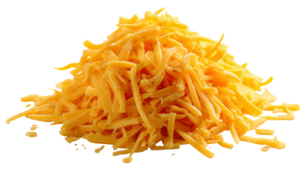 Grated cheddar cheese PNG cutout — high-resolution shredded cheese isolated on transparent background for food packaging mockups, menu design, e-commerce product listings, and recipe graphics