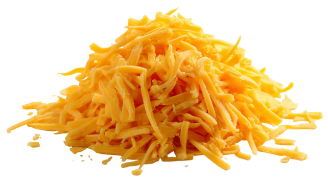 Grated cheddar cheese PNG cutout — high-resolution shredded cheese isolated on transparent background for food packaging mockups, menu design, e-commerce product listings, and recipe graphics