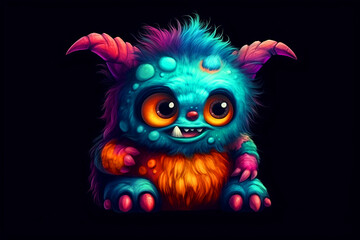 adorable baby monster with big eyes and horns