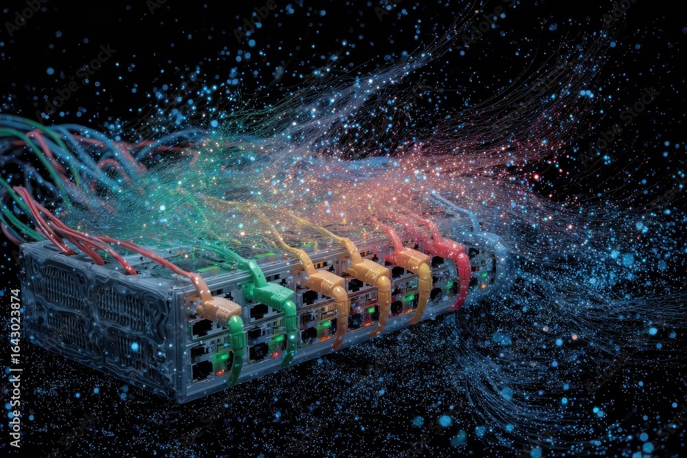 Aufkleber server with cables sparks data transfer in digital network for tech or communication