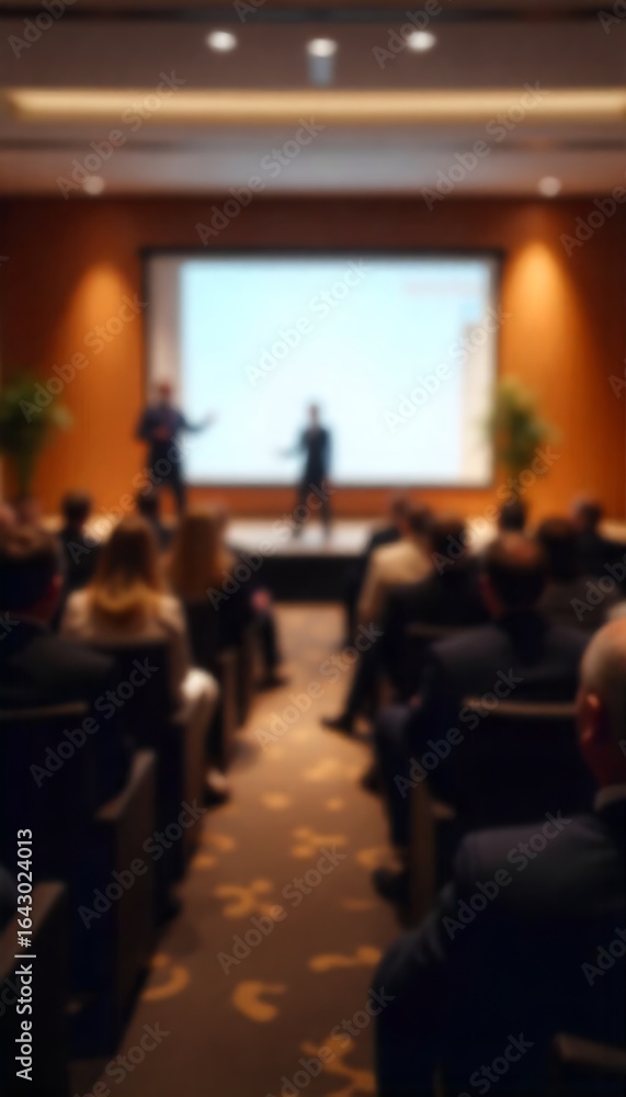 Poster generative ai image depicts blurred figures on stage presenting to an audience in a conference