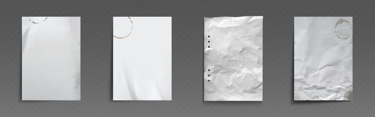 Wrinkled paper sheet set with coffee stains, fold marks and hole punches - blank crumpled pages with wear, creases and aged texture. Office document with realistic damage for vintage or grunge design.