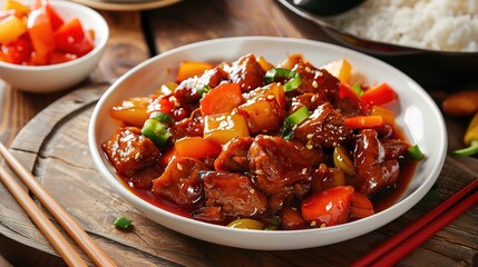 Crispy sweet and sour pork with golden batter, tossed in tangy-sweet sauce, mixed with bell peppers, onions, and pineapple chunks, served on a white plate, a classic Chinese dish