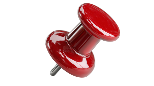 High-resolution red push pin isolated on transparent background, realistic 3D PNG cutout with glossy finish and sharp metal point, perfect for office stationery design, classroom notice board