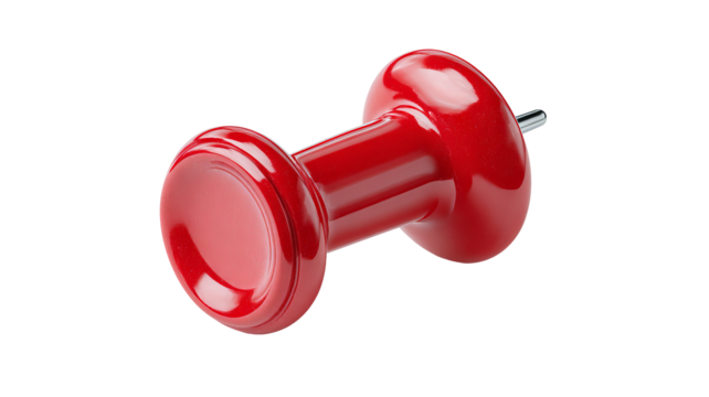 High-resolution red push pin isolated on transparent background, realistic 3D PNG cutout with glossy finish and sharp metal point, perfect for office stationery design, classroom notice board