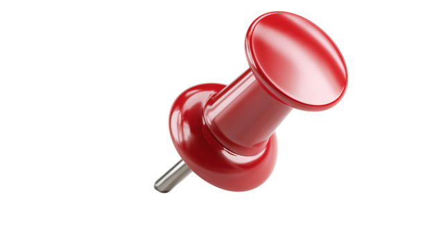 High-resolution red push pin isolated on transparent background, realistic 3D PNG cutout with glossy finish and sharp metal point, perfect for office stationery design, classroom notice board
