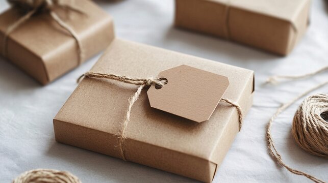 Wrapped gifts with brown paper and string, tied with a tag for labeling
