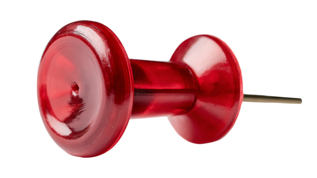 High-resolution red push pin isolated on transparent background, realistic 3D PNG cutout with glossy finish and sharp metal point, perfect for office stationery design, classroom notice board