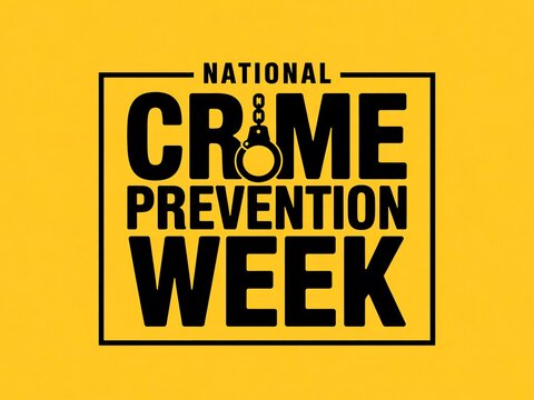 National crime prevention week graphic with bold text and handcuffs symbolizing awareness and safety - Powered by Adobe