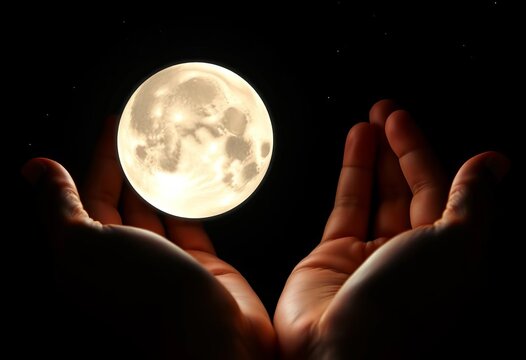 Two hands gently cradle a luminous moon against a starless black void,  universe,  space