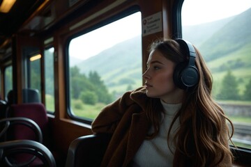 Cinematic, moody shot of a young woman with headphones looking out the window of a train traveling through the Scottish Highlands.