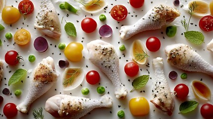 on a clean white background, several raw, seasoned poultry drumsticks are scattered among an assortment of colorful vegetables and herbs