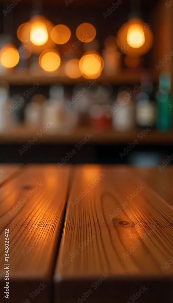 Poster generative ai: rustic wooden table with bokeh lights in a bar or restaurant setting